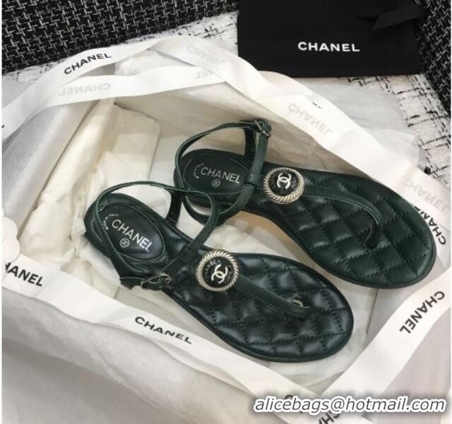 Lower Price Chanel Lambskin Flat Thong Sandals with Button Charm 408104 Dark Green