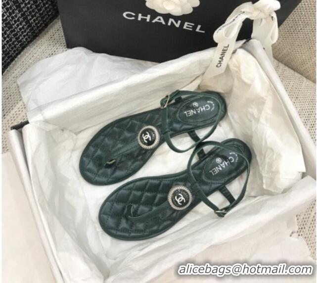 Lower Price Chanel Lambskin Flat Thong Sandals with Button Charm 408104 Dark Green