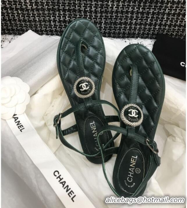 Lower Price Chanel Lambskin Flat Thong Sandals with Button Charm 408104 Dark Green