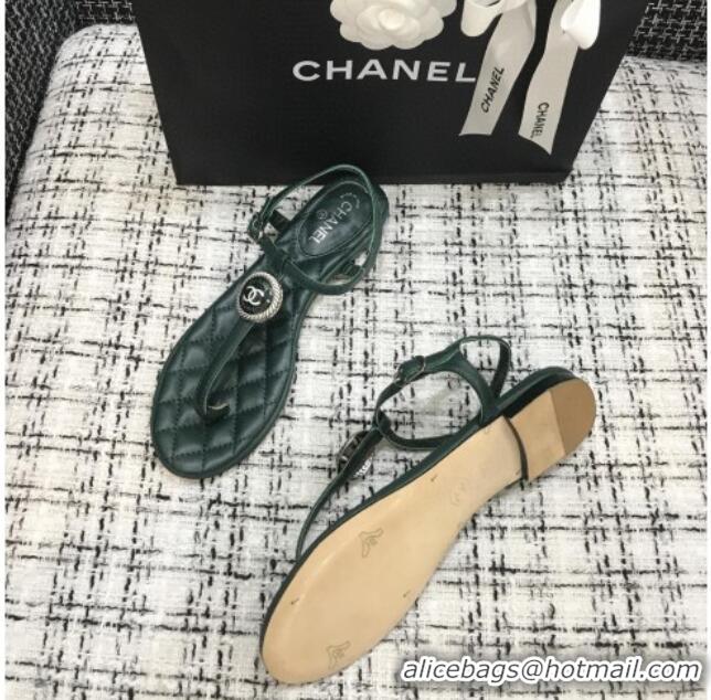 Lower Price Chanel Lambskin Flat Thong Sandals with Button Charm 408104 Dark Green