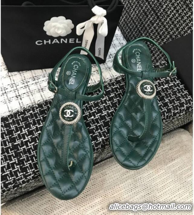 Lower Price Chanel Lambskin Flat Thong Sandals with Button Charm 408104 Dark Green