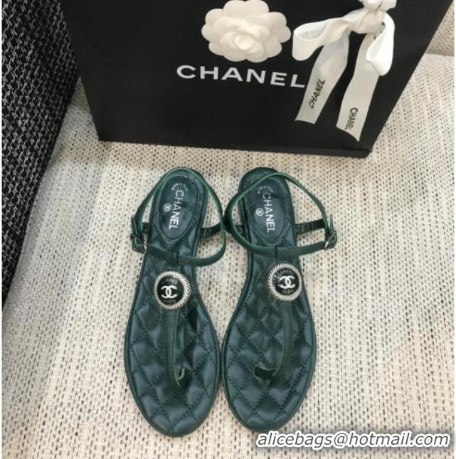 Lower Price Chanel Lambskin Flat Thong Sandals with Button Charm 408104 Dark Green