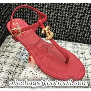 Best Grade Chanel Lambskin Flat Thong Sandals with Metal CC 408104 Red 2021