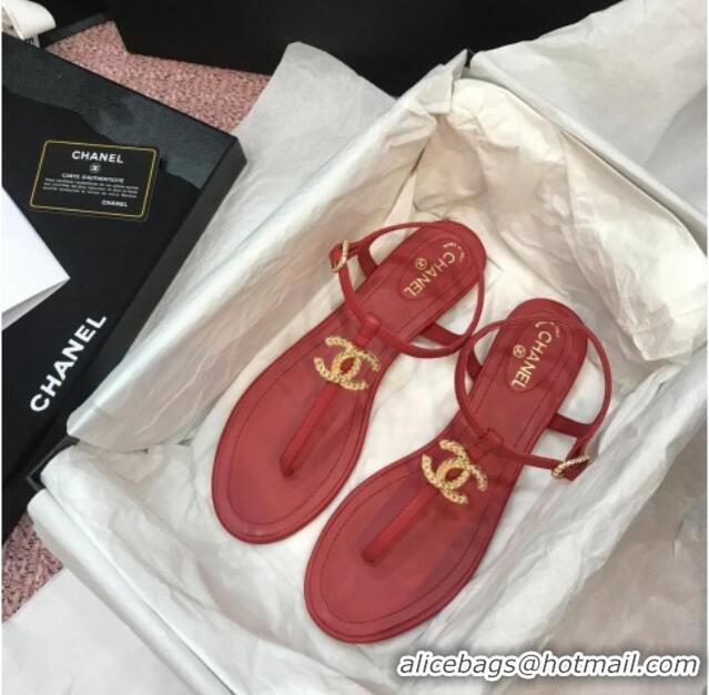 Best Grade Chanel Lambskin Flat Thong Sandals with Metal CC 408104 Red 2021