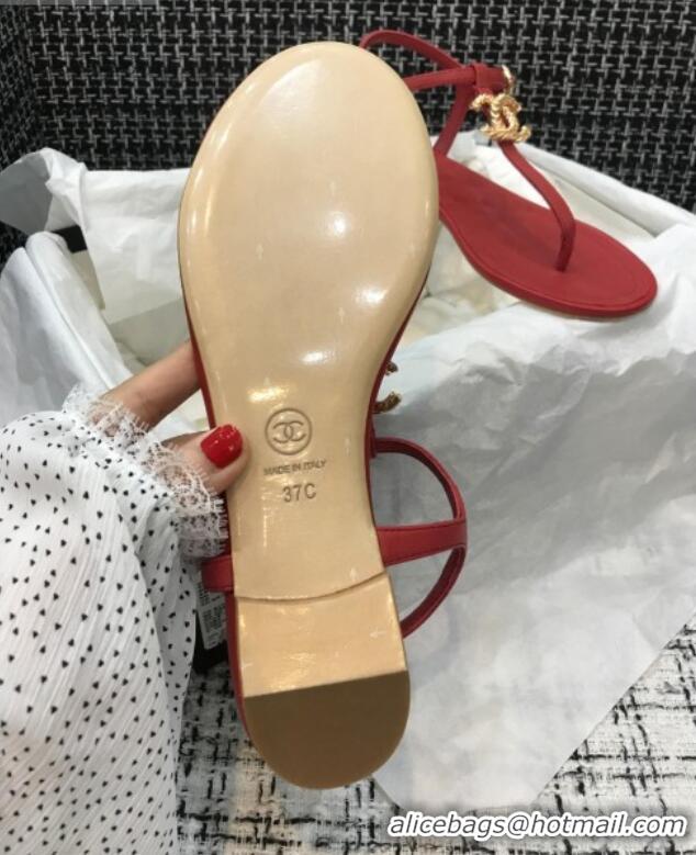 Best Grade Chanel Lambskin Flat Thong Sandals with Metal CC 408104 Red 2021