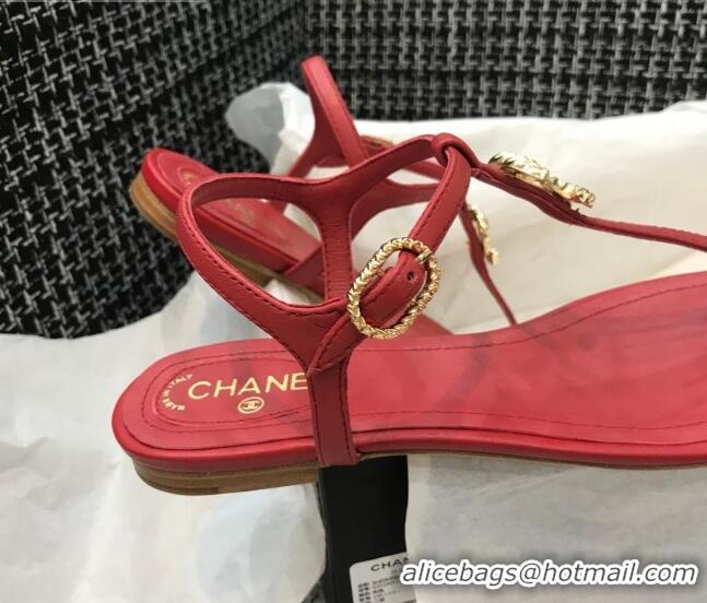 Best Grade Chanel Lambskin Flat Thong Sandals with Metal CC 408104 Red 2021