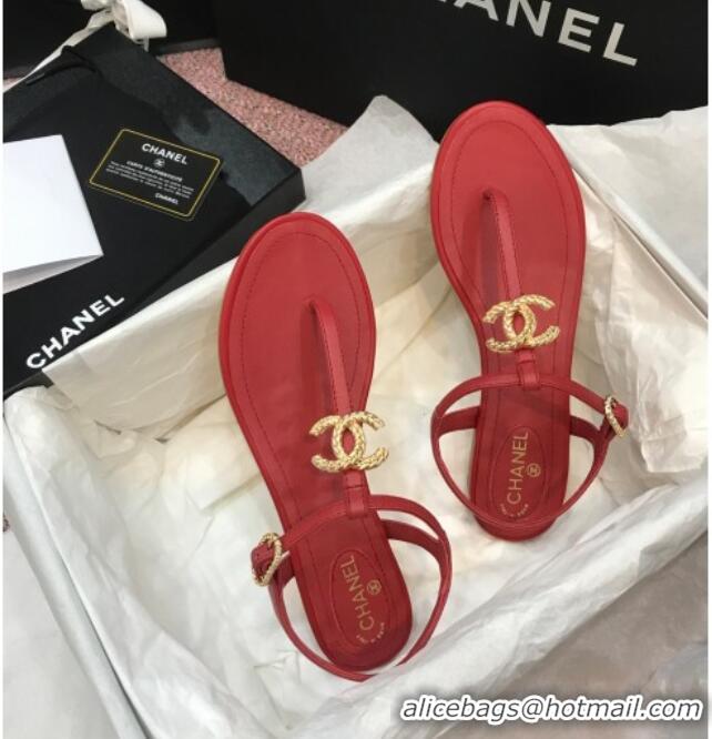 Best Grade Chanel Lambskin Flat Thong Sandals with Metal CC 408104 Red 2021