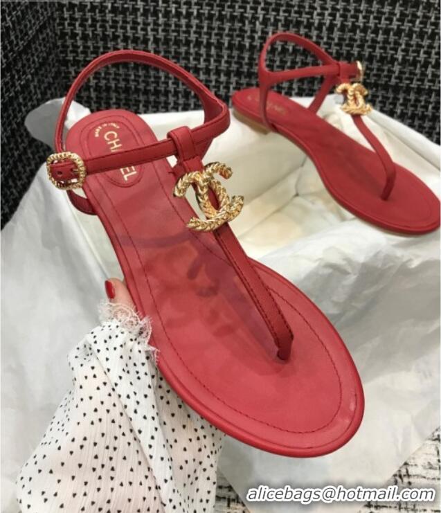 Best Grade Chanel Lambskin Flat Thong Sandals with Metal CC 408104 Red 2021