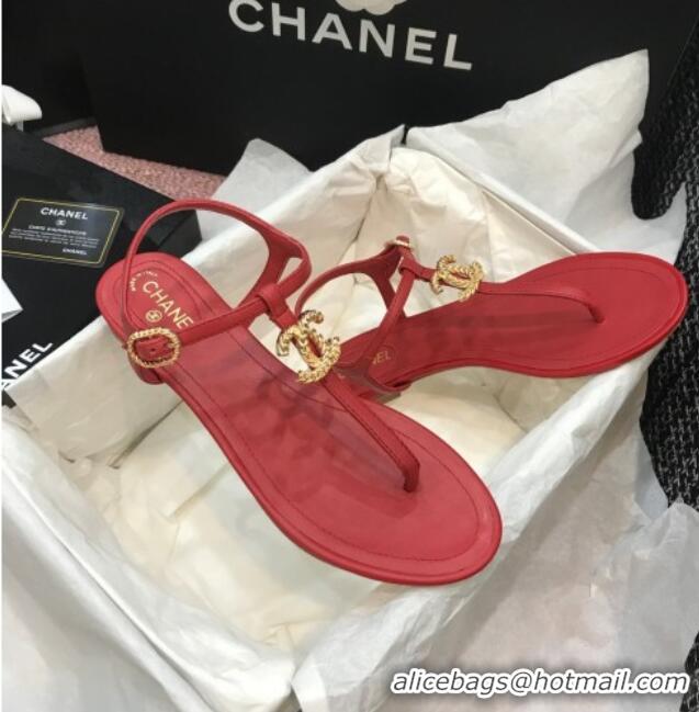 Best Grade Chanel Lambskin Flat Thong Sandals with Metal CC 408104 Red 2021