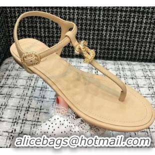 Good Looking Chanel Lambskin Flat Thong Sandals with Metal CC 408104 Beige 2021