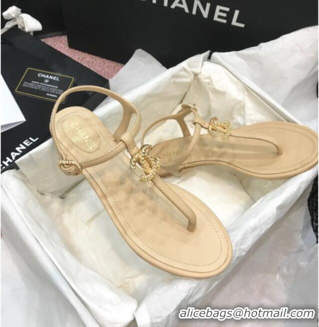 Good Looking Chanel Lambskin Flat Thong Sandals with Metal CC 408104 Beige 2021