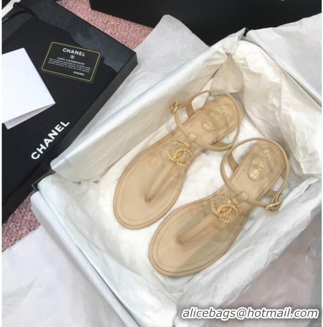 Good Looking Chanel Lambskin Flat Thong Sandals with Metal CC 408104 Beige 2021