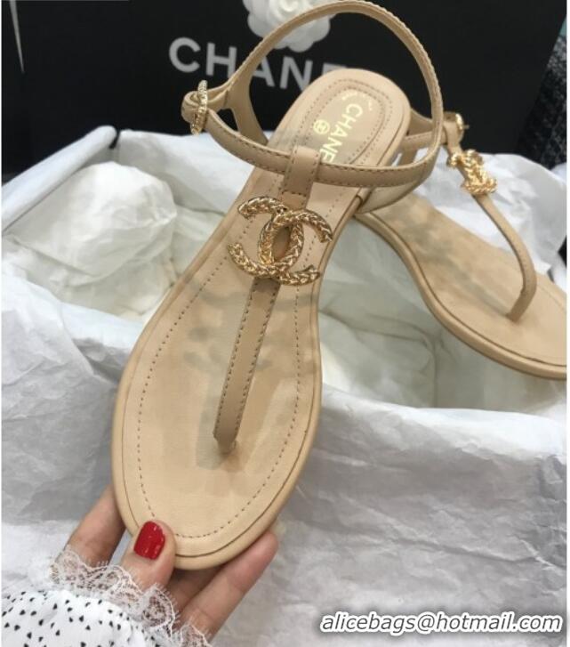 Good Looking Chanel Lambskin Flat Thong Sandals with Metal CC 408104 Beige 2021