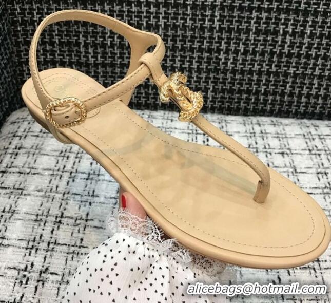 Good Looking Chanel Lambskin Flat Thong Sandals with Metal CC 408104 Beige 2021