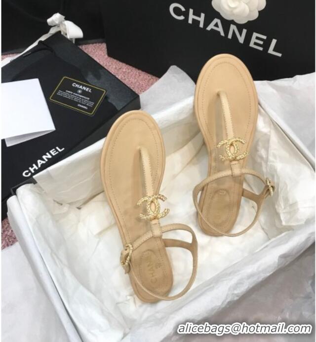 Good Looking Chanel Lambskin Flat Thong Sandals with Metal CC 408104 Beige 2021