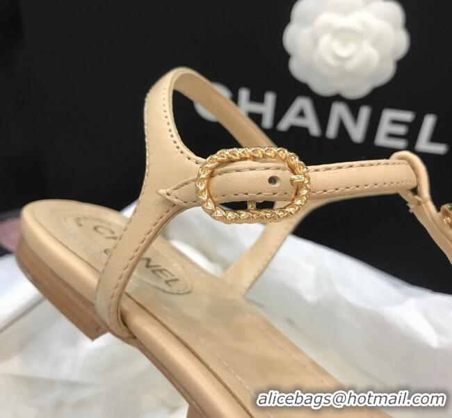 Good Looking Chanel Lambskin Flat Thong Sandals with Metal CC 408104 Beige 2021