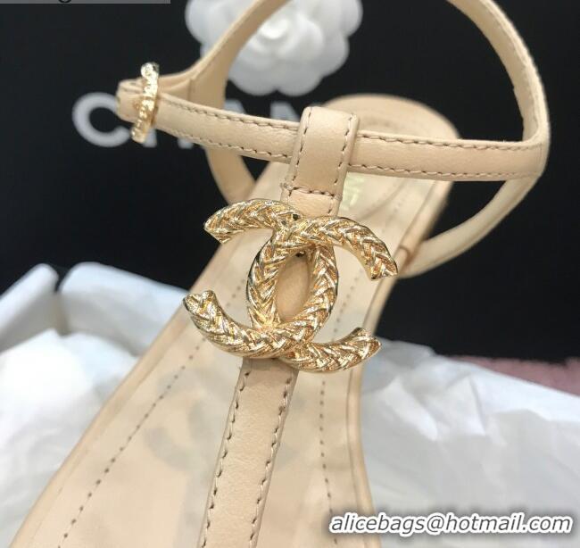 Good Looking Chanel Lambskin Flat Thong Sandals with Metal CC 408104 Beige 2021