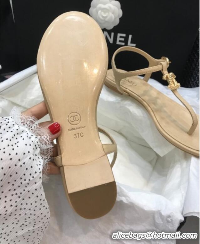 Good Looking Chanel Lambskin Flat Thong Sandals with Metal CC 408104 Beige 2021