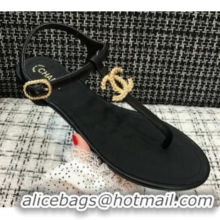 Unique Style Chanel Lambskin Flat Thong Sandals with Metal CC 408104 Black 2021