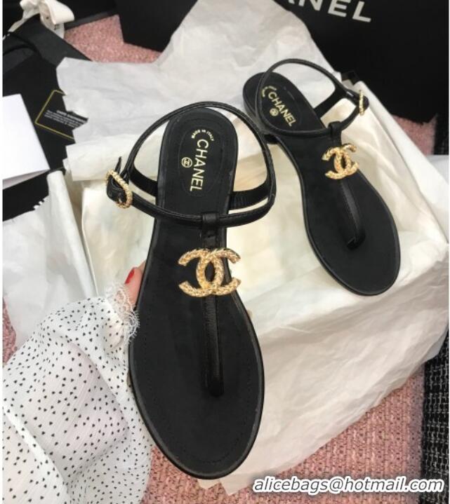 Unique Style Chanel Lambskin Flat Thong Sandals with Metal CC 408104 Black 2021