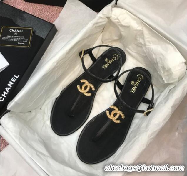 Unique Style Chanel Lambskin Flat Thong Sandals with Metal CC 408104 Black 2021