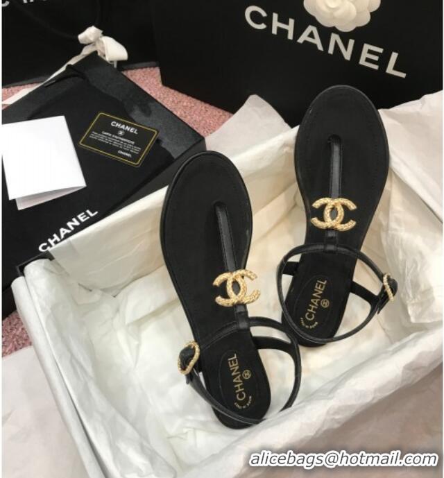 Unique Style Chanel Lambskin Flat Thong Sandals with Metal CC 408104 Black 2021