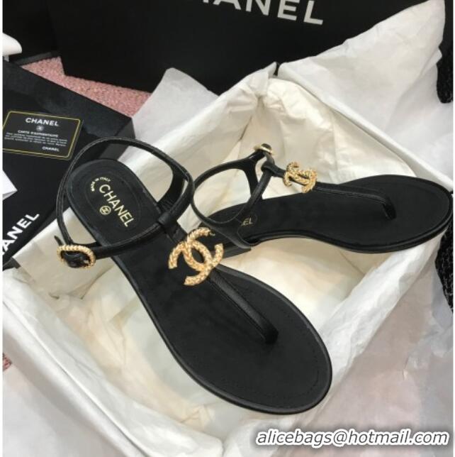 Unique Style Chanel Lambskin Flat Thong Sandals with Metal CC 408104 Black 2021