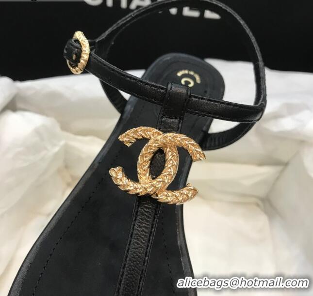 Unique Style Chanel Lambskin Flat Thong Sandals with Metal CC 408104 Black 2021