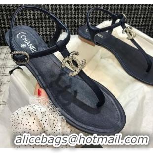 Durable Chanel Lambskin Flat Thong Sandals with Metal CC 408104 Dark Blue 2021