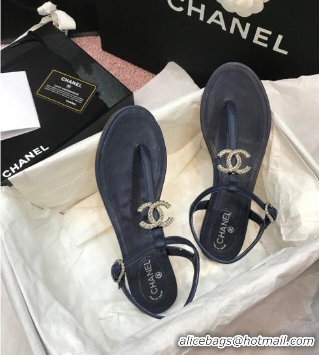 Durable Chanel Lambskin Flat Thong Sandals with Metal CC 408104 Dark Blue 2021