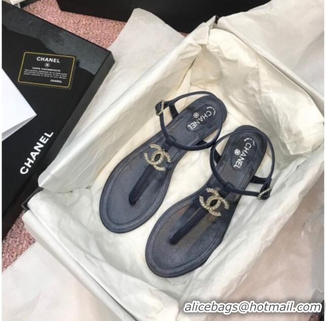 Durable Chanel Lambskin Flat Thong Sandals with Metal CC 408104 Dark Blue 2021