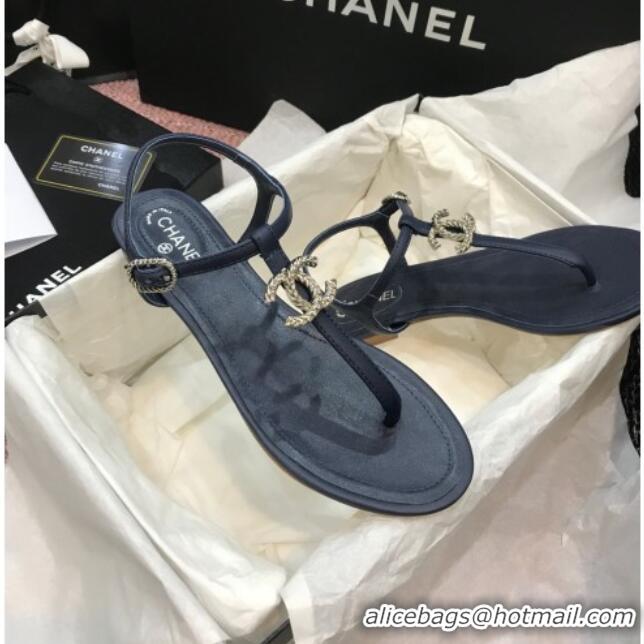 Durable Chanel Lambskin Flat Thong Sandals with Metal CC 408104 Dark Blue 2021