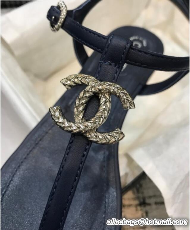 Durable Chanel Lambskin Flat Thong Sandals with Metal CC 408104 Dark Blue 2021