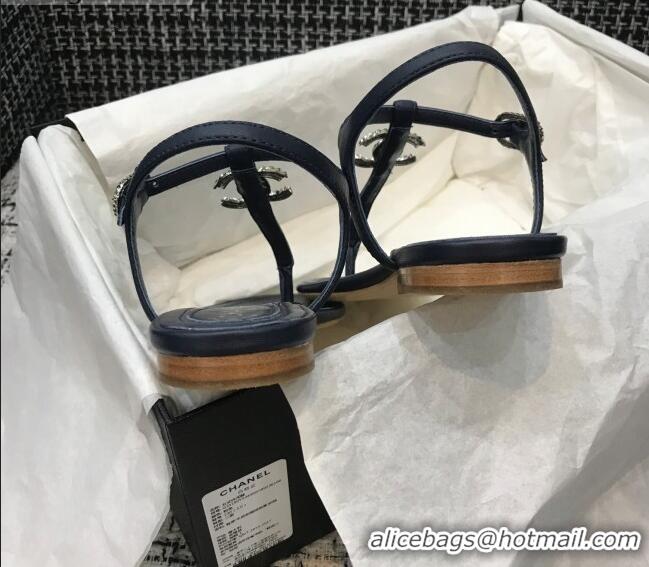 Durable Chanel Lambskin Flat Thong Sandals with Metal CC 408104 Dark Blue 2021