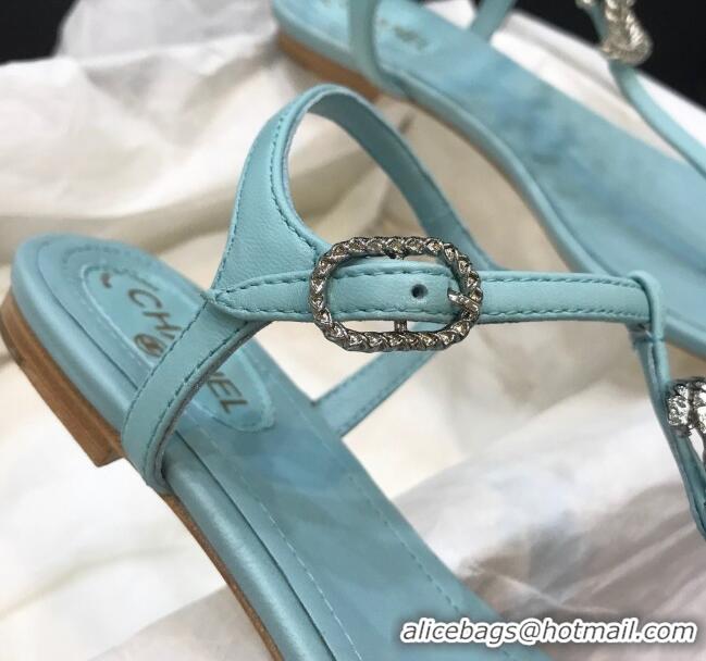 Charming Chanel Lambskin Flat Thong Sandals with Metal CC 408104 Light Blue 2021