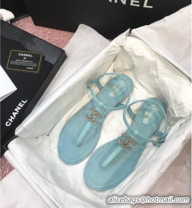 Charming Chanel Lambskin Flat Thong Sandals with Metal CC 408104 Light Blue 2021