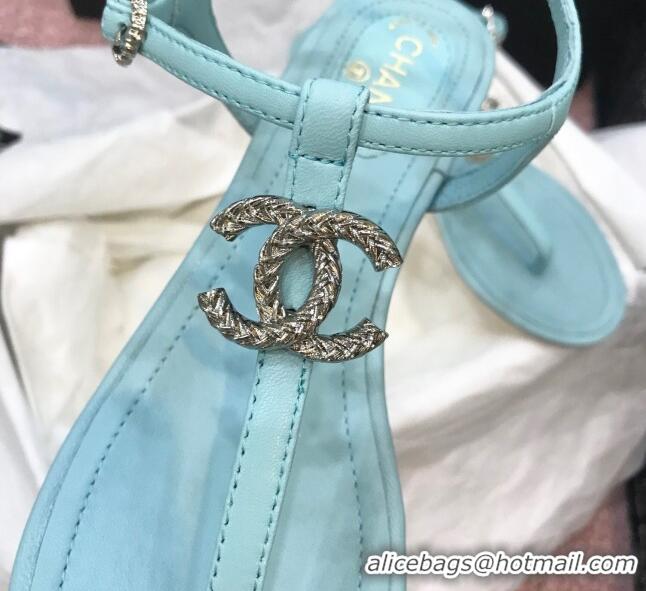 Charming Chanel Lambskin Flat Thong Sandals with Metal CC 408104 Light Blue 2021