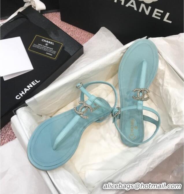 Charming Chanel Lambskin Flat Thong Sandals with Metal CC 408104 Light Blue 2021