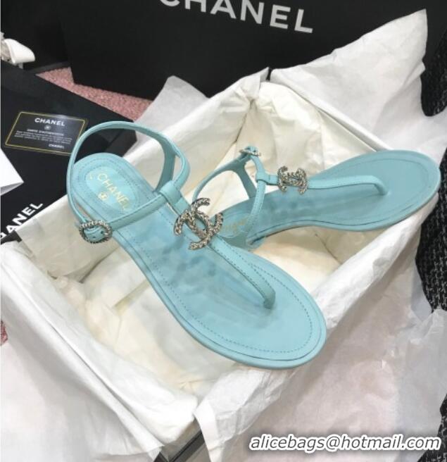 Charming Chanel Lambskin Flat Thong Sandals with Metal CC 408104 Light Blue 2021