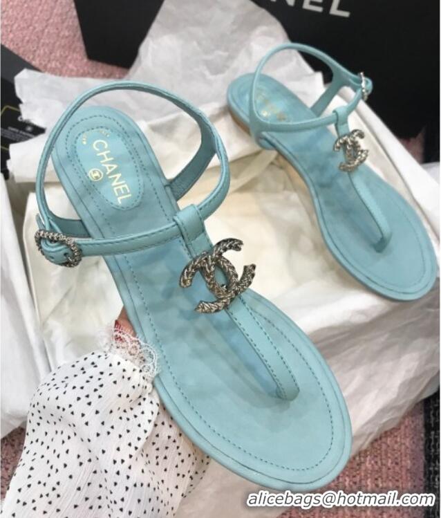 Charming Chanel Lambskin Flat Thong Sandals with Metal CC 408104 Light Blue 2021