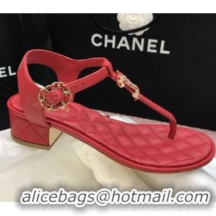 Popular Style Chanel Calfskin Heel Thong Sandals with Chain Charm 408114 Red 2021