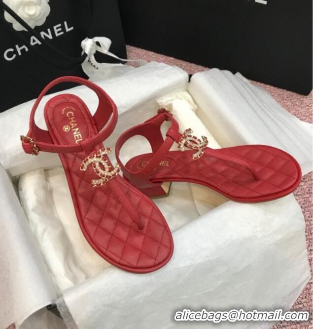 Popular Style Chanel Calfskin Heel Thong Sandals with Chain Charm 408114 Red 2021