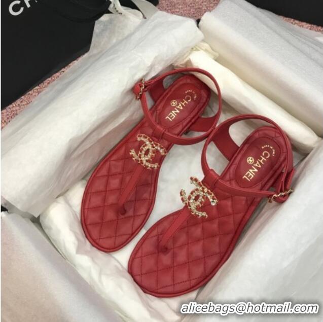 Popular Style Chanel Calfskin Heel Thong Sandals with Chain Charm 408114 Red 2021