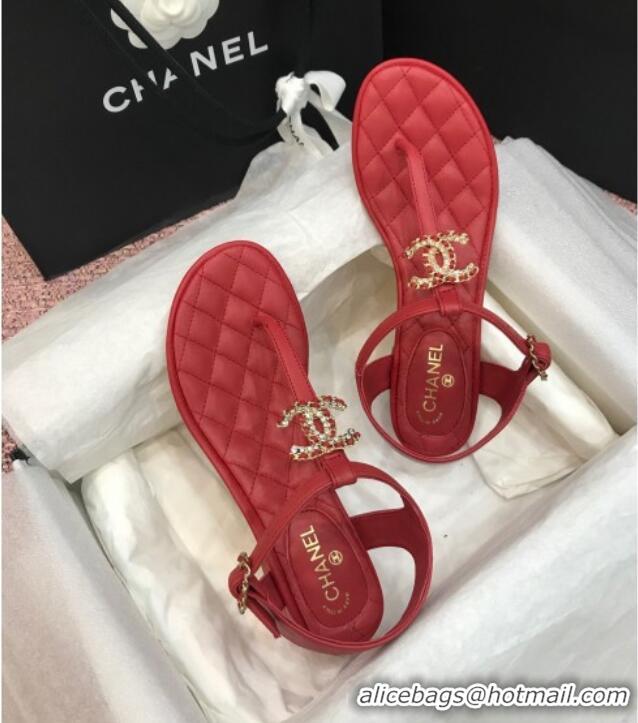 Popular Style Chanel Calfskin Heel Thong Sandals with Chain Charm 408114 Red 2021