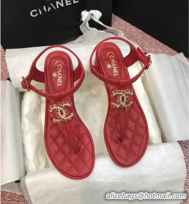 Popular Style Chanel Calfskin Heel Thong Sandals with Chain Charm 408114 Red 2021