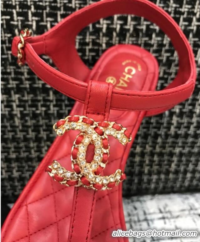 Popular Style Chanel Calfskin Heel Thong Sandals with Chain Charm 408114 Red 2021