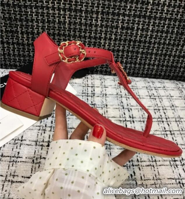 Popular Style Chanel Calfskin Heel Thong Sandals with Chain Charm 408114 Red 2021