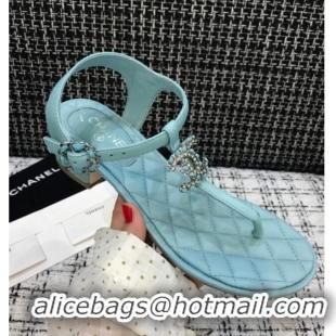 Best Quality Chanel Calfskin Heel Thong Sandals with Chain Charm 408114 Blue 2021