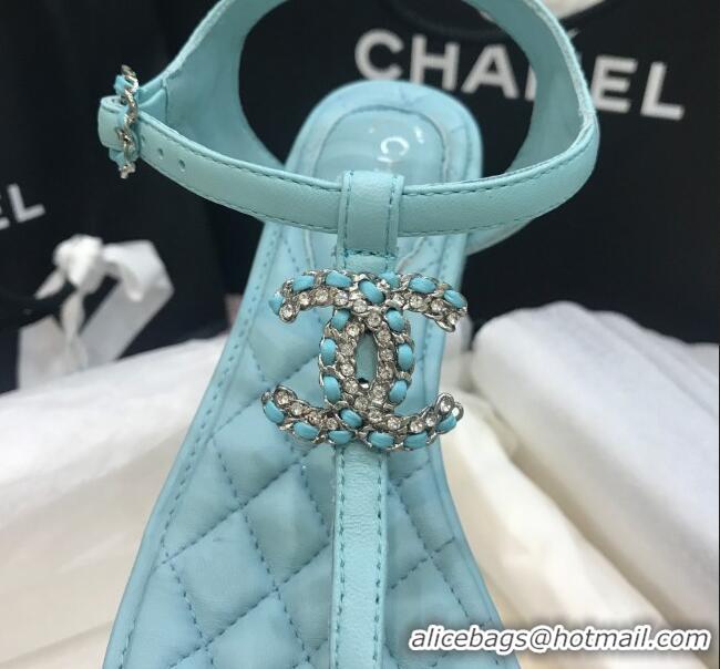 Best Quality Chanel Calfskin Heel Thong Sandals with Chain Charm 408114 Blue 2021