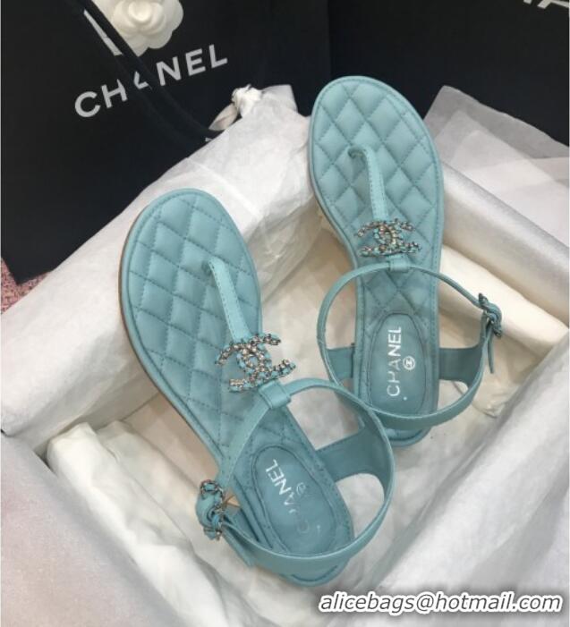 Best Quality Chanel Calfskin Heel Thong Sandals with Chain Charm 408114 Blue 2021